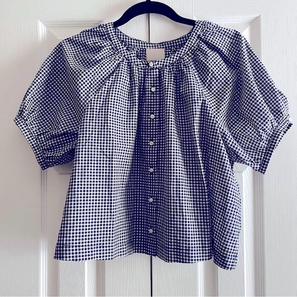 INDUSTRY BLUE COTTON GINGHAM CHECK BOHEMIAN JUNE PUFF SLEEVE TOP Ivory S
